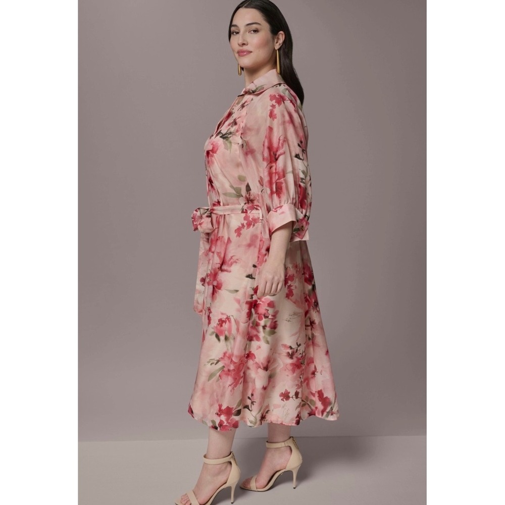 Donna Karan New York Floral Midi Shirt Dress Pink Peach 16W KX6H2E50